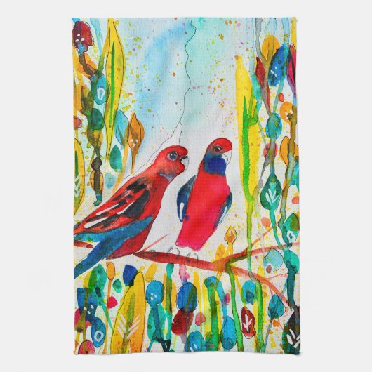 Rosella vogels in de waterverf kunst theedoek (Verticaal)