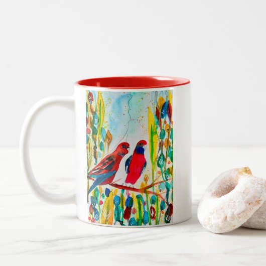 Rosella vogels in de waterverf kunst tweekleurige koffiemok (Met donut)