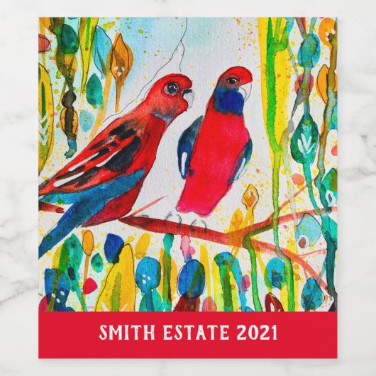 Rosella vogels in de waterverf kunst wijn etiket (Enkel label)