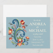 Rosemaling Blauwe en Rode Save the Date Uitnodigin Kaart (Voorkant / Achterkant)