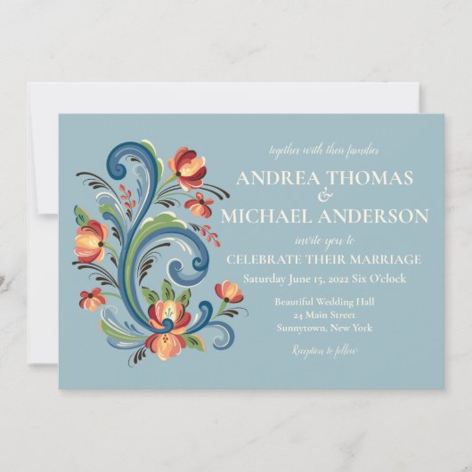 Rosemaling Blauwe en Rode Trouw Uitnodiging (Voorkant)