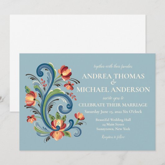 Rosemaling Blauwe en Rode Trouw Uitnodiging (Voorkant / Achterkant)