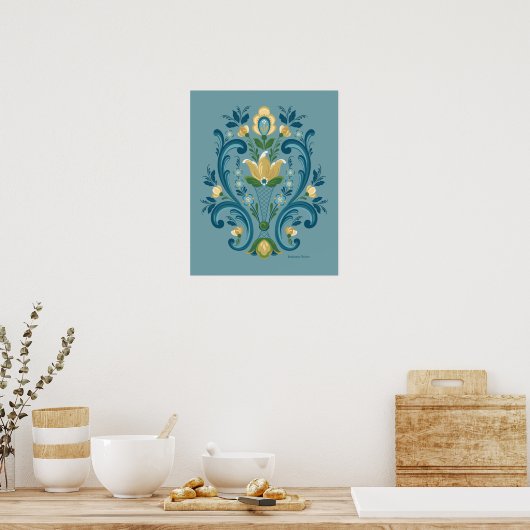 Rosemaling Blue en Gold Poster (Keuken)