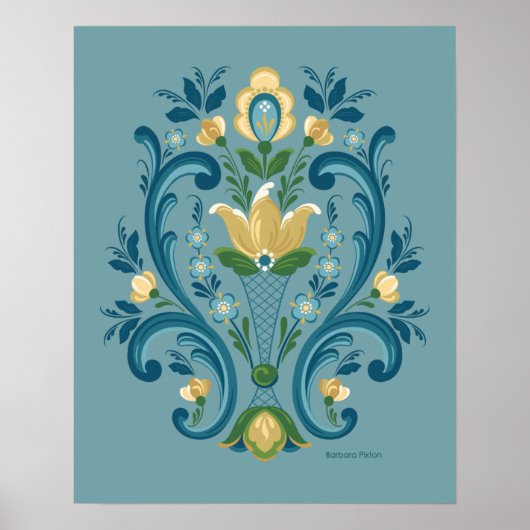 Rosemaling Blue en Gold Poster (Voorkant)