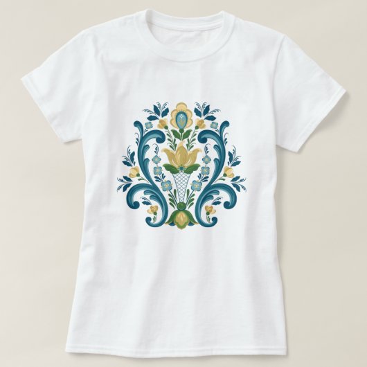 Rosemaling Blue en Gold T-Shirt (Design voorkant)