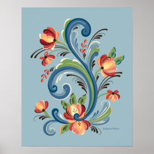 Rosemaling Blue en Red Poster