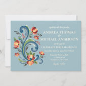 Rosemaling Blue en Red Wedding Invitation Kaart (Voorkant)