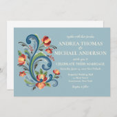 Rosemaling Blue en Red Wedding Invitation Kaart (Voorkant / Achterkant)