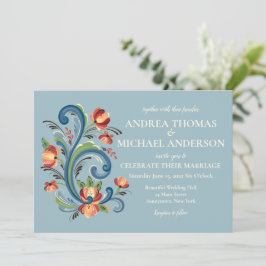 Rosemaling Blue en Red Wedding Invitation Kaart