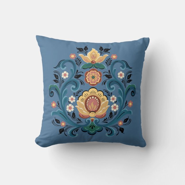 Rosemaling Gold en Bourgogne Kussen (Voorkant)