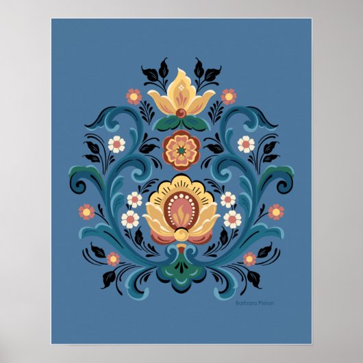 Rosemaling Gold en Bourgogne Poster (Voorkant)