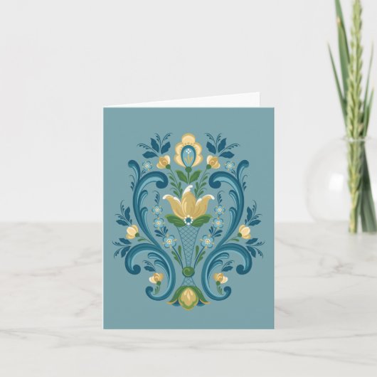 Rosemaling in blauw en gouden Wenskaart Kaart (Voorkant)