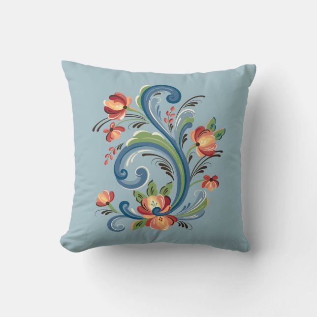 Rosemaling in blauw en rood kussen (Voorkant)