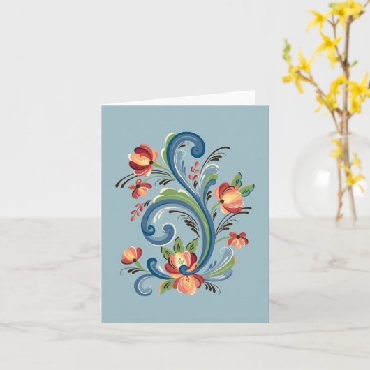 Rosemaling in blauw en rood Wenskaart Kaart (Gele Bloem)
