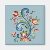 Rosemaling in blauwe en rode magneet