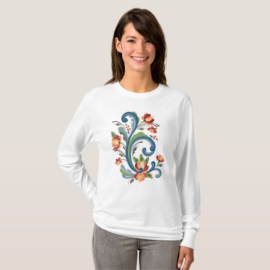 Rosemaling in Blue en Red T-Shirt (Voorkant volledig)