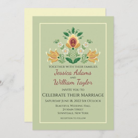 Rosemaling in de Uitnodiging van de Groene en Goud (Voorkant / Achterkant)