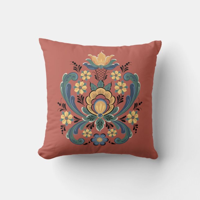 Rosemaling in rood en goud kussen (Voorkant)