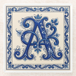 Rosemaling Monogram Pruisisch Blauw Glazen Onderzetter