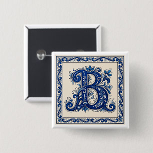 Rosemaling Monogram-Pruisisch Blauw Vierkante Button 5,1 Cm