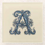 Rosemaling Monogram Prussian Blue Glazen Onderzetter<br><div class="desc">Celebrate your heritage with this elegant, hand-painted style Telemark Rosemaling design. Featuring the letter A, this piece captures the traditional Norwegian folk art style characterized by its flowing asymmetrical scrolls, intricate leaf work, and delicate linework. The palette is a striking combination of deep Prussian blue, crisp white, and bold black,...</div>