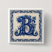 Rosemaling Monogram-Prussian Blue Vierkante Button 5,1 Cm (Voorkant)