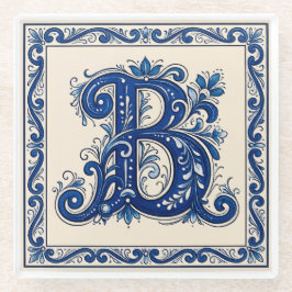 Rosemaling Monogram-Prussisch Blauw Glazen Onderzetter