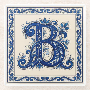 Rosemaling Monogram-Prussisch Blauw Glazen Onderzetter