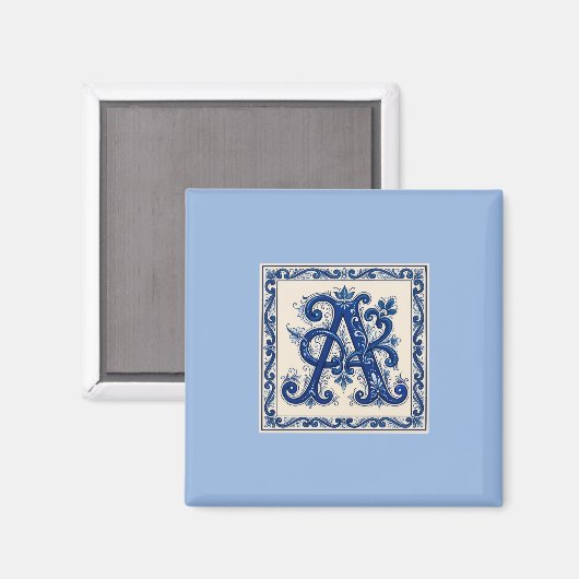 Rosemaling Monogram Prussisch Blauw Magneet (Voorkant / Achterkant)