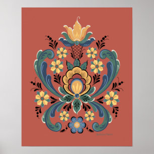 Rosemaling Red en Gold Poster