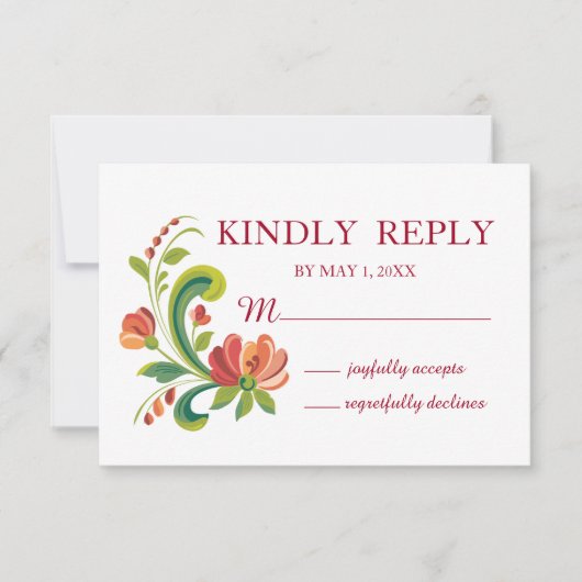 Rosemaling Red en Roze RSVP Kaartje (Voorkant)