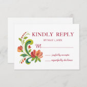 Rosemaling Red en Roze RSVP Kaartje (Voorkant / Achterkant)