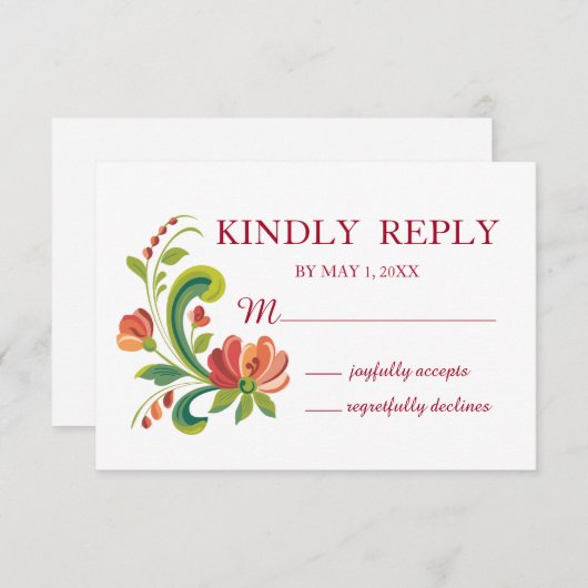 Rosemaling Red en Roze RSVP Kaartje (Voorkant / Achterkant)