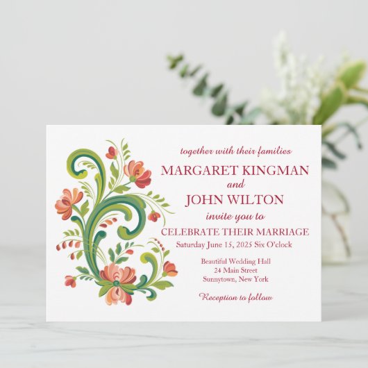 Rosemaling Rood en Roze Huwelijksuitnodiging Kaart (Staand voorkant)