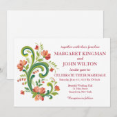 Rosemaling Rood en Roze Huwelijksuitnodiging Kaart (Voorkant / Achterkant)