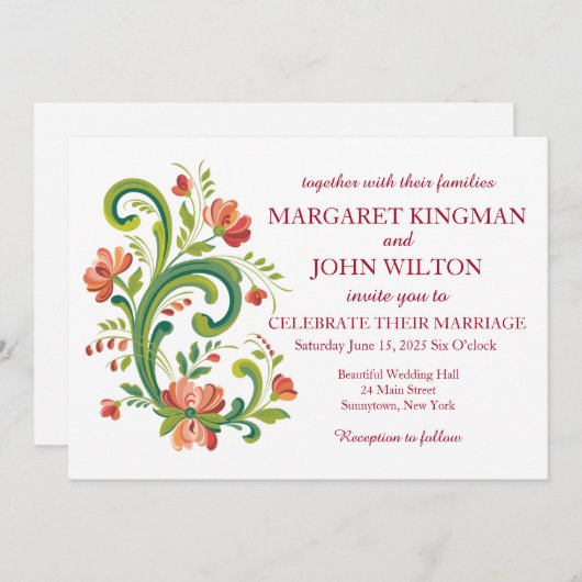 Rosemaling Rood en Roze Huwelijksuitnodiging Kaart (Voorkant / Achterkant)