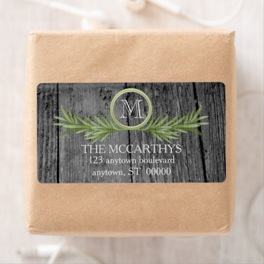 Rosemary and Rustic Wood Wedding Monogram Etiket (Insitu)
