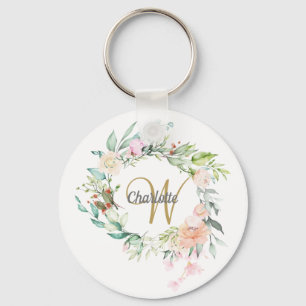 Rosen Bloem Goud Schrift Monogram Sleutelhanger