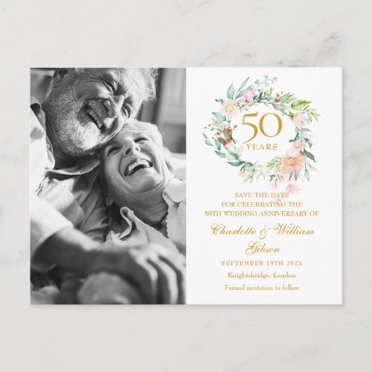 Rosen Bloemen 50e Verjaardag Save the Date Foto Aankondigingskaart (Voorkant)