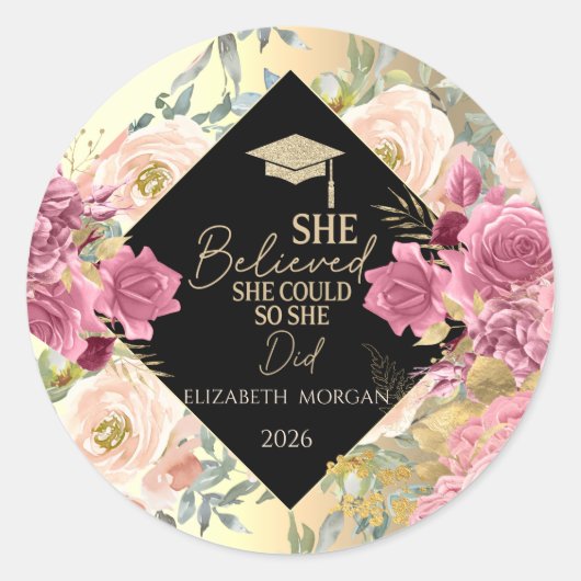 Rosen Bloemen Gouden Hoed Motiverende Boodschap Ronde Sticker (Voorkant)