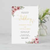Rosen Bloemend Huwelijk Harten Script Goud Folie Uitnodiging (Staand Voorkant)