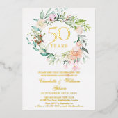 Rosen Bloemenguirlande 50ste Huwelijksjubileum Gou Folie Uitnodiging (Voorkant)