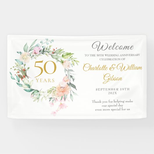 Rosen Bloemenkrans 50ste Verjaardag Welkom Spandoek (Horizontaal)