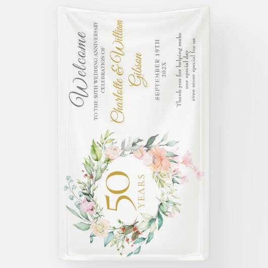 Rosen Bloemenkrans 50ste Verjaardag Welkom Spandoek (Verticaal)