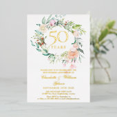 Rosen Bloemensling 50ste Huwelijksjubileum Goud Folie Uitnodiging (Staand Voorkant)