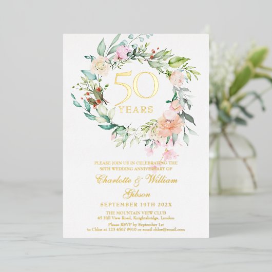 Rosen Bloemensling 50ste Huwelijksjubileum Goud Folie Uitnodiging (Staand Voorkant)