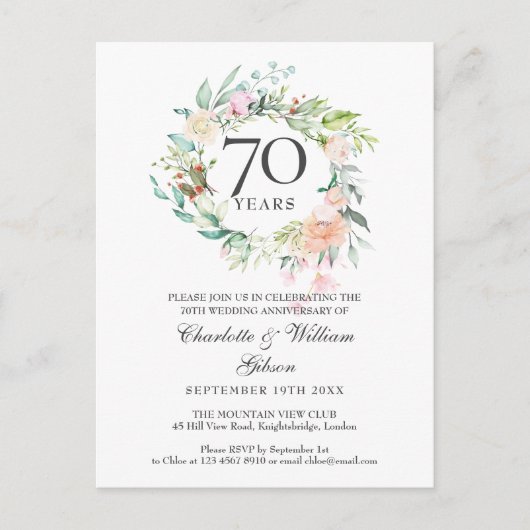 Rosen Bloemensling 70ste Huwelijksverjaardag Uitnodiging Briefkaart (Voorkant)