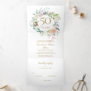 Rosen Bloemige 50e Gouden Huwelijksjubileum Foto Drieluik Uitnodiging