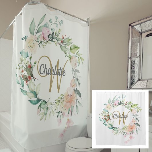 Rosen Bloemige Elegante Gouden Script Monogram Douchegordijn