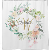 Rosen Bloemige Elegante Gouden Script Monogram Douchegordijn (Voorkant)